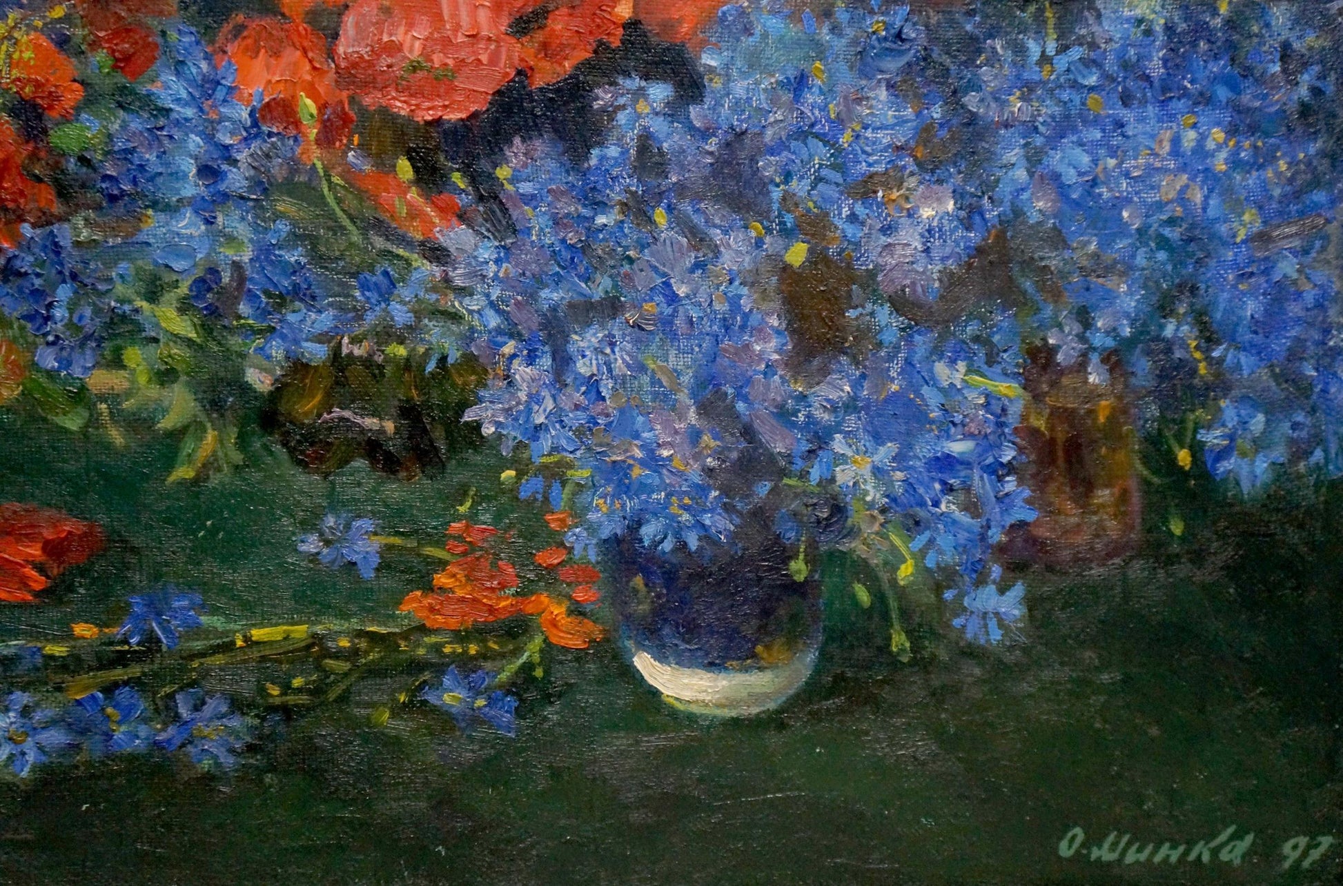 The focal point of Alexander Fedorovich Mynka's oil painting is a still life featuring poppies