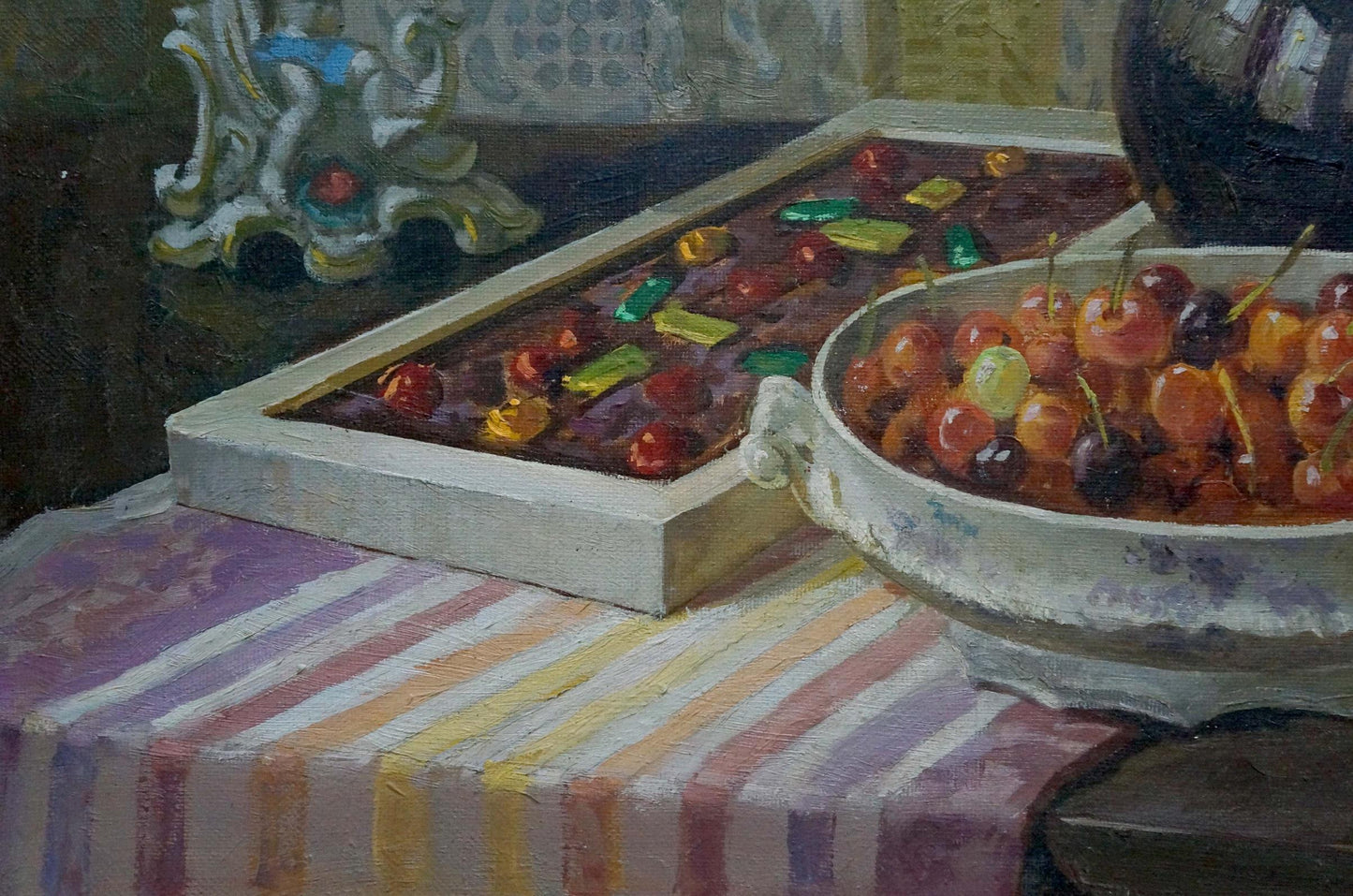 Oil painting of glossy red cherries in white bowl by Ozernikov Vladimir Borisovich