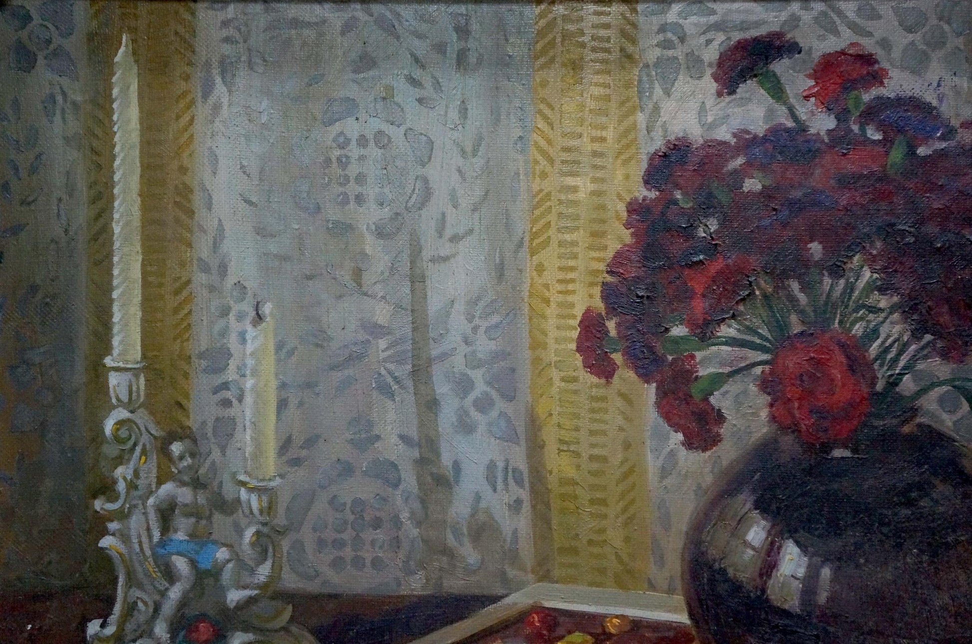 Oil painting by Ozernikov Vladimir Borisovich: still life vase with red carnations