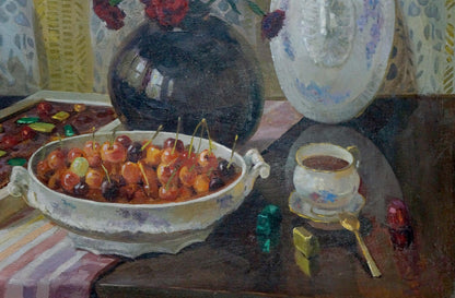 Oil painting of white bowl with cherries by Ozernikov Vladimir Borisovich