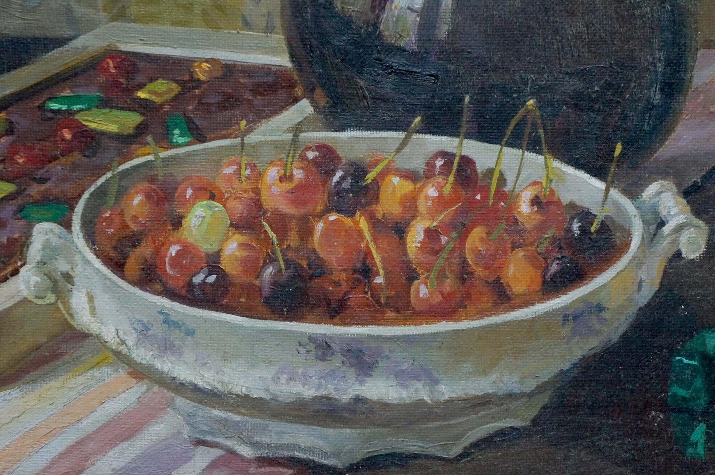 Oil painting of white bowl with cherries by Ozernikov Vladimir Borisovich