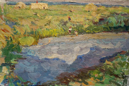 Oil painting by Sevastyanov Viktor Grigorievich: impressionist river with fields, haystacks, figures