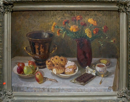 Oil painting by Ozernikov Vladimir Borisovich of glossy red vase with marigolds