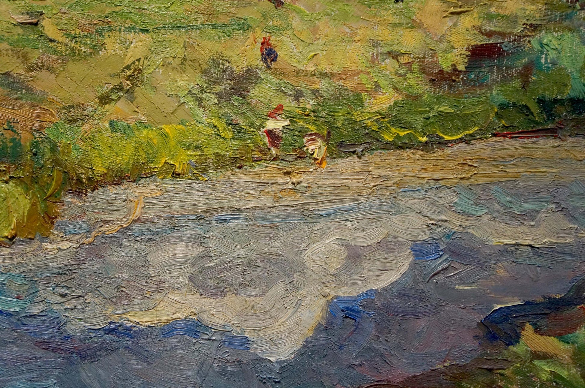 Impasto oil painting by Sevastyanov Viktor Grigorievich: people by river with green yellow brushstrokes