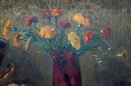 Oil painting of vibrant orange yellow marigolds in red vase by Ozernikov Vladimir Borisovich