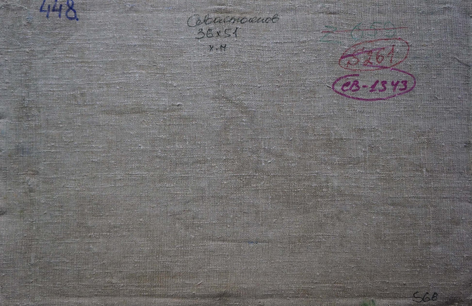 Back of Sevastyanov Viktor Grigorievich oil painting on gray textured canvas
