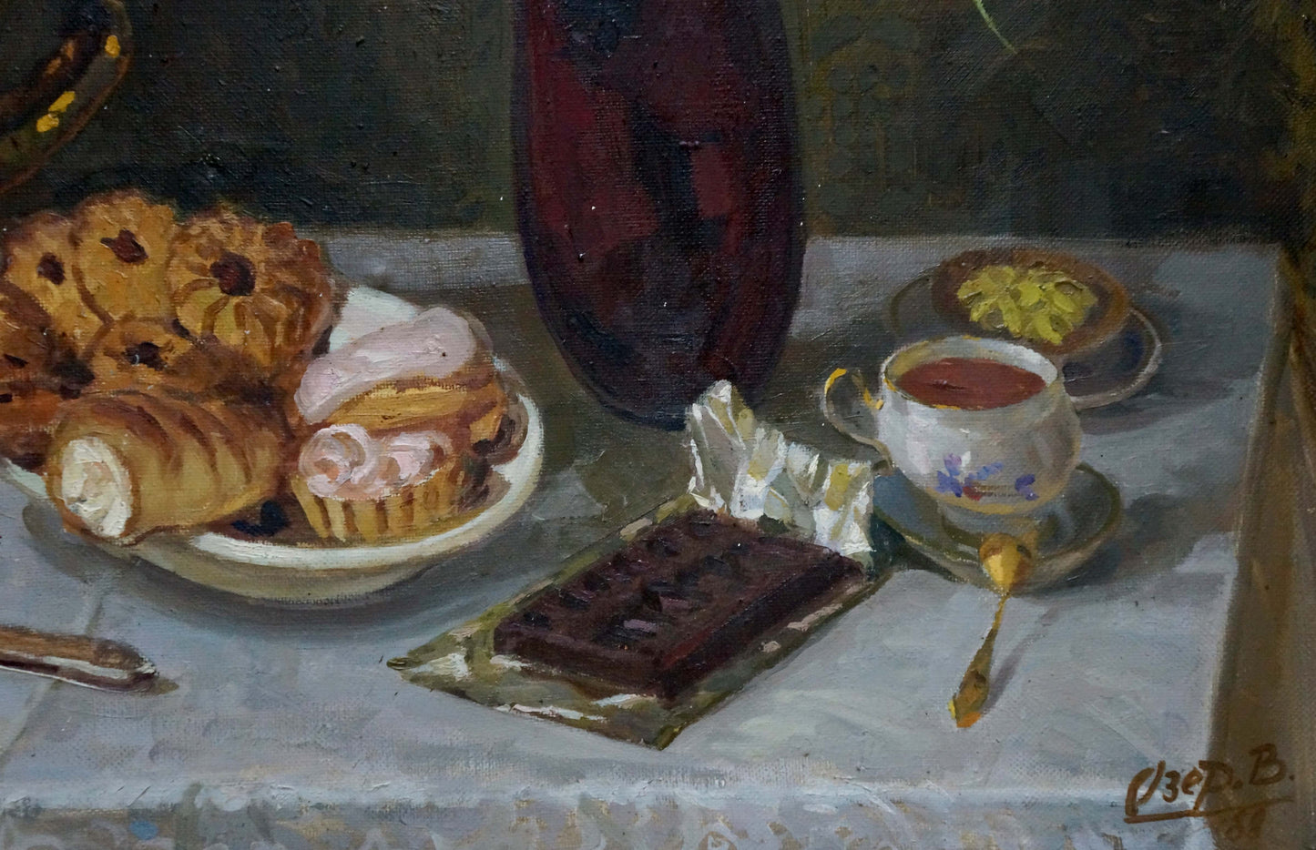 Oil painting of white floral teacup with dark beverage by Ozernikov Vladimir Borisovich