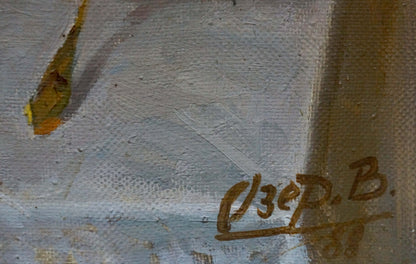 Signature ozer b. in brown paint on textured canvas back by Ozernikov Vladimir Borisovich