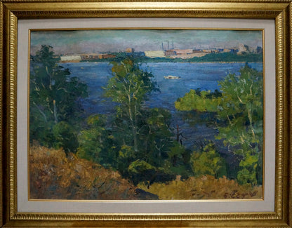 Oil painting River landscape by Egorov Boris Kuzmich in ornate gold frame