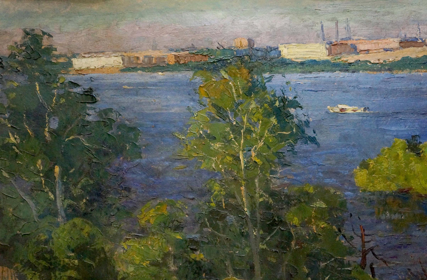 Oil painting of river landscape by Egorov Boris Kuzmich with trees and factories