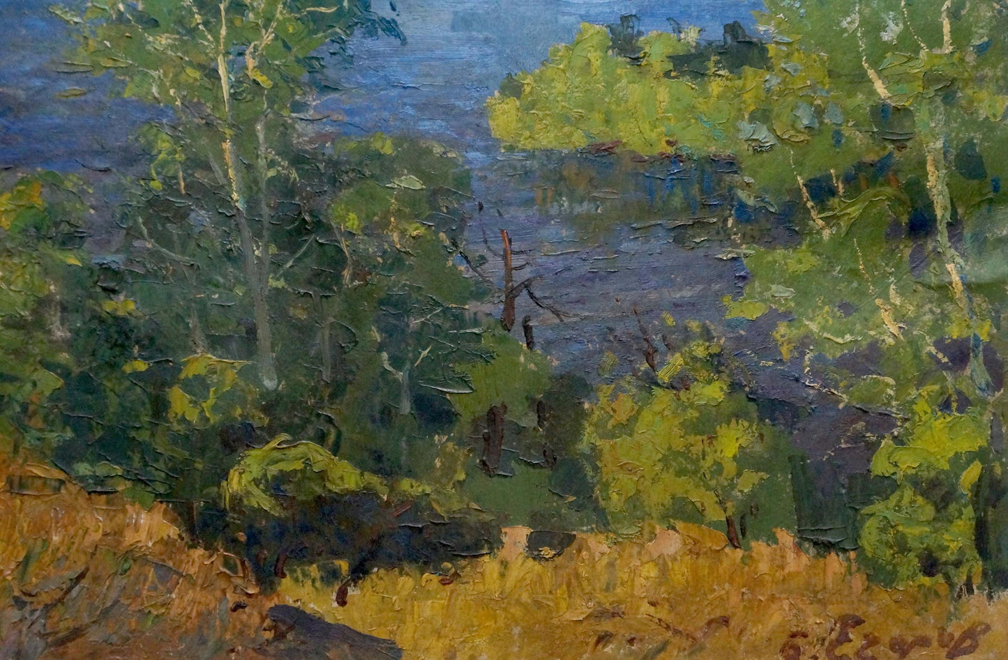 Oil painting of lush green forest river landscape by Egorov Boris Kuzmich