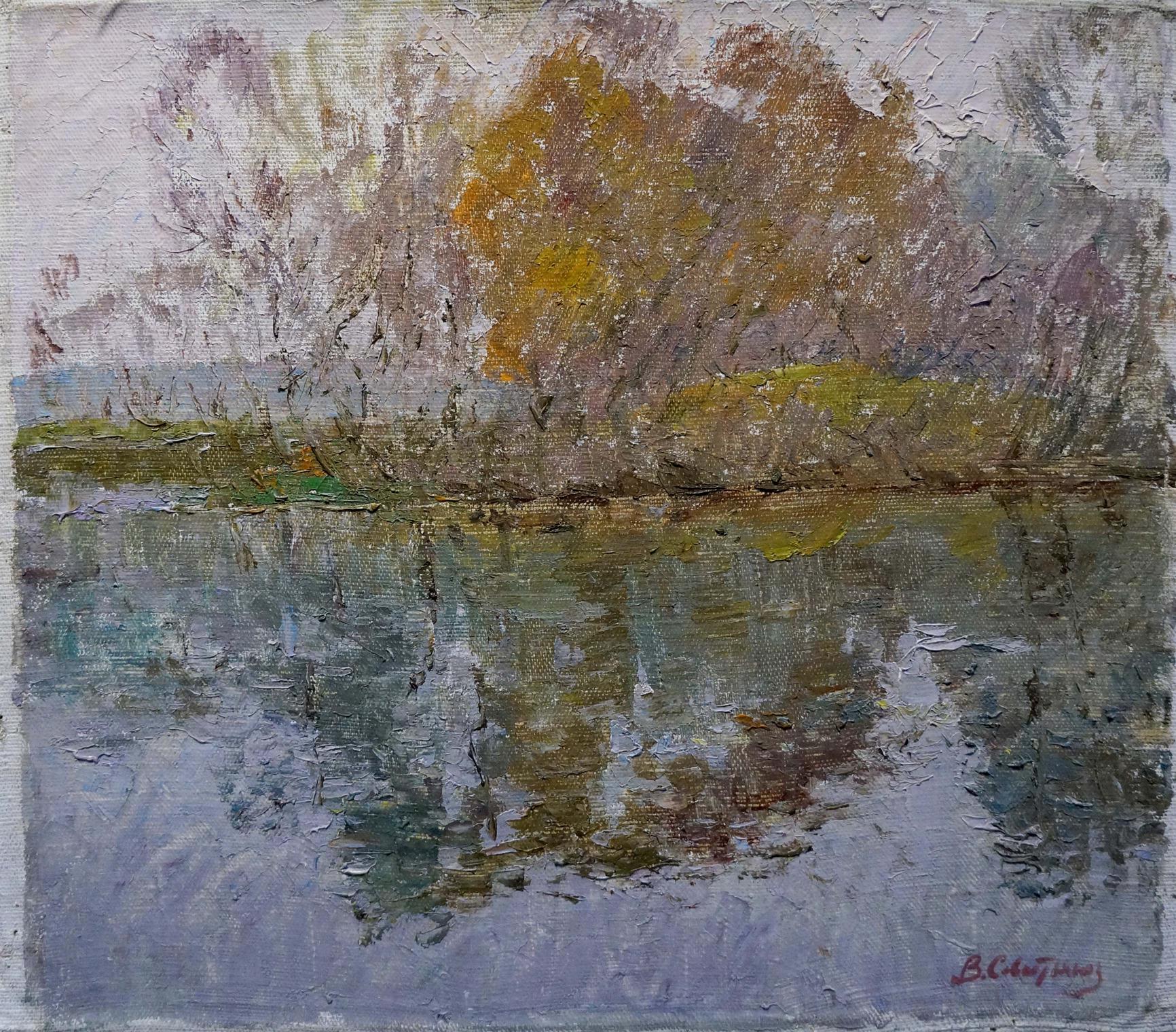 Autumnal forest tree by Sevastyanov Viktor Grigorievich reflected in calm water oil painting
