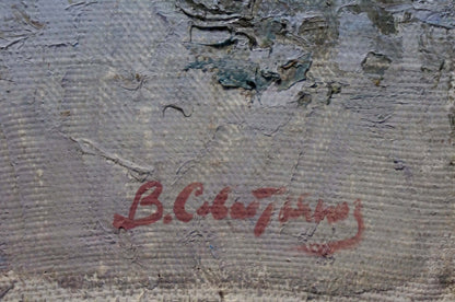 Back of oil painting Forest landscape by Sevastyanov Viktor Grigorievich, weathered gray canvas with faded red signature