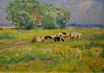 Vibrant impressionist oil painting by Sevastyanov Viktor Grigorievich: cows on lush green lawn