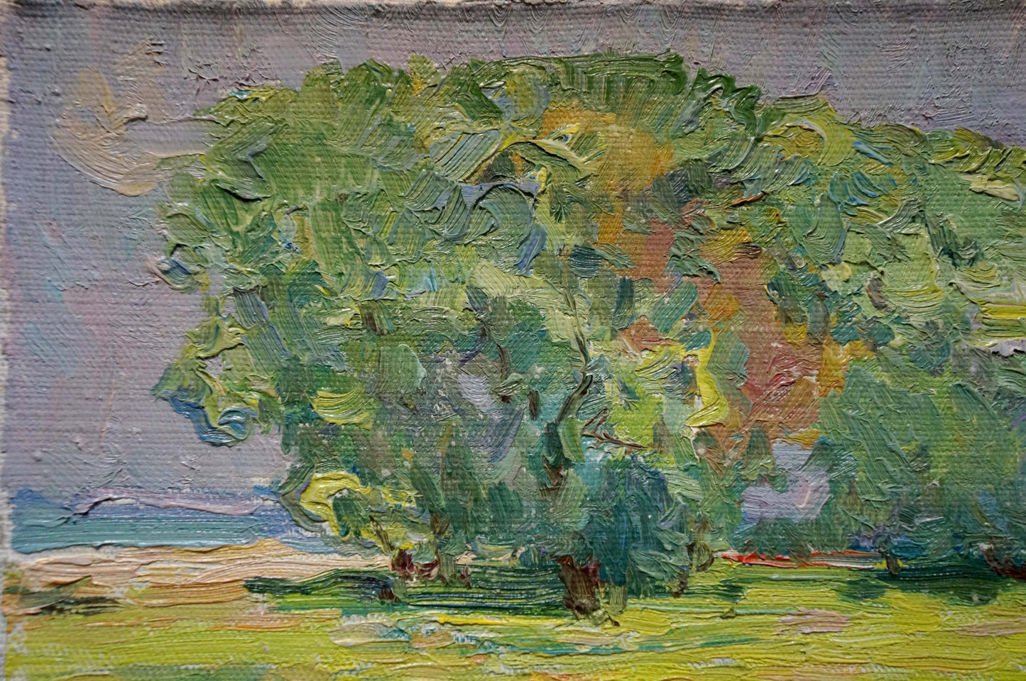 Oil painting of lush green tree and cows on lawn by Sevastyanov Viktor Grigorievich