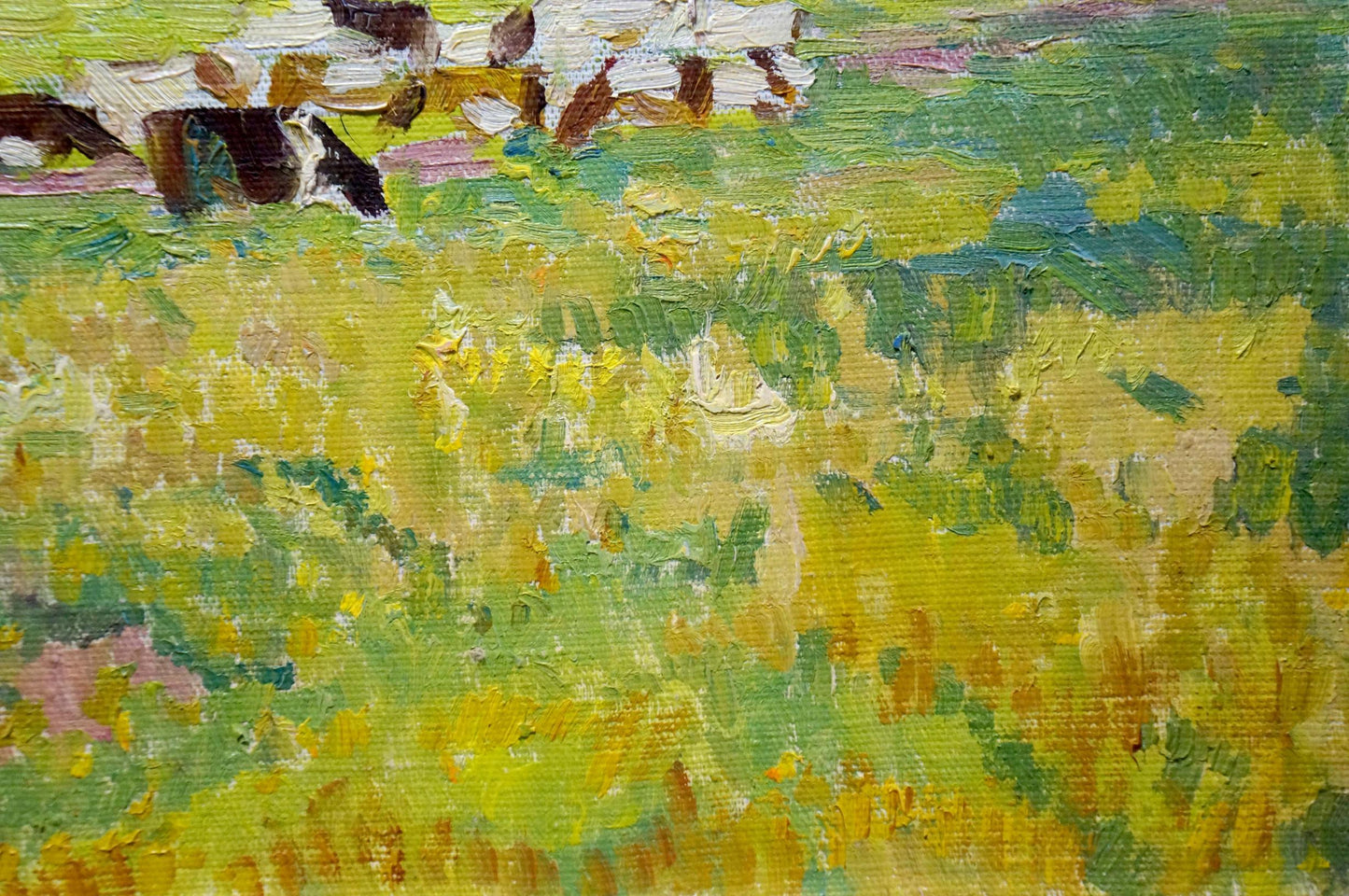 Vibrant impressionist oil painting of sunlit cows on lawn by Sevastyanov Viktor Grigorievich