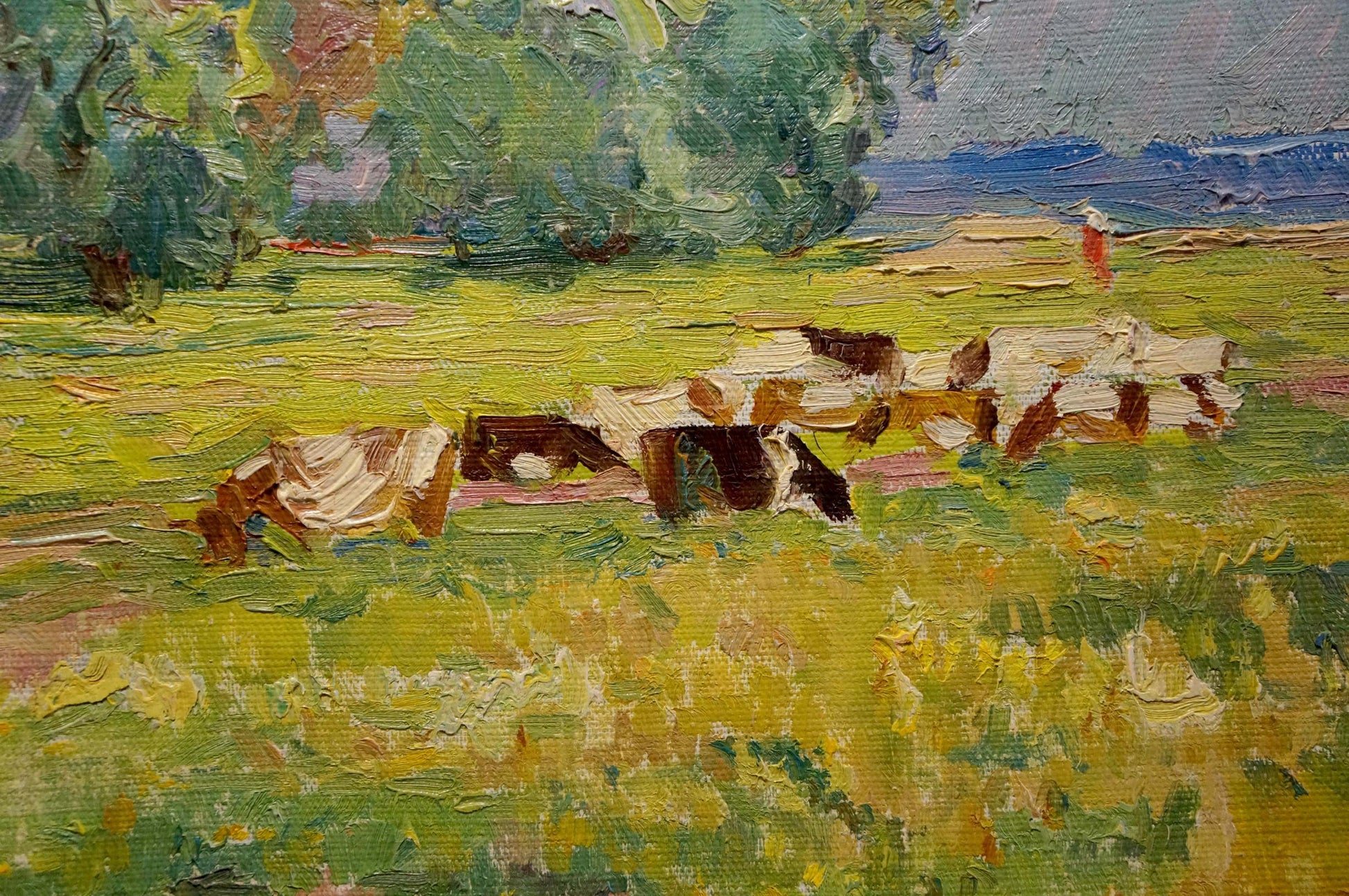 Vibrant impressionist oil painting by Sevastyanov Viktor Grigorievich: cows grazing on lush lawn