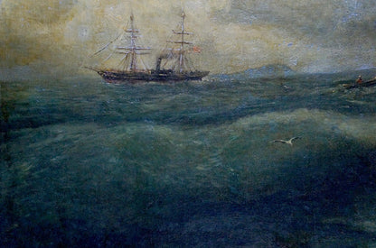 Oil painting of dark-hulled 3-masted ship with smokestack and US flag in raging sea