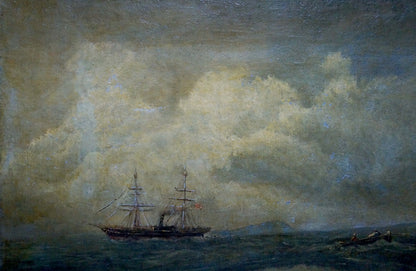 Oil painting of raging sea with dark-hulled sailing ship and masts