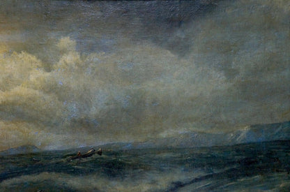 Oil painting Raging sea: moody impressionistic seascape with rowboat in storm
