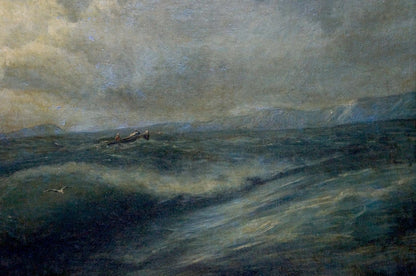 Oil painting of raging sea with stormy ocean and dark churning waves