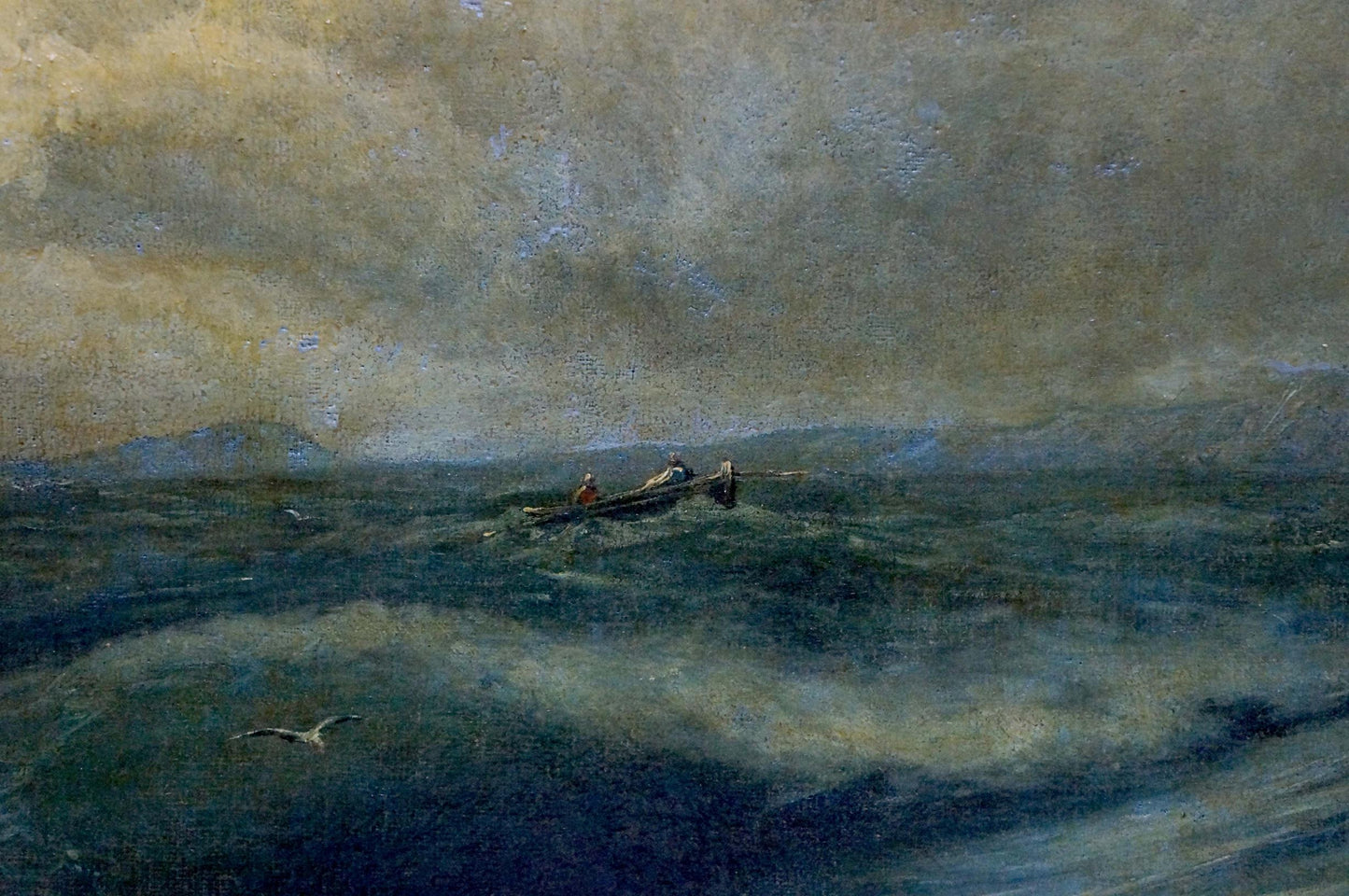 Oil painting Raging sea: rowboat with two figures in stormy ocean waves