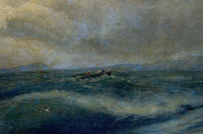 Oil painting Raging sea: rowboat with two figures in stormy ocean waves