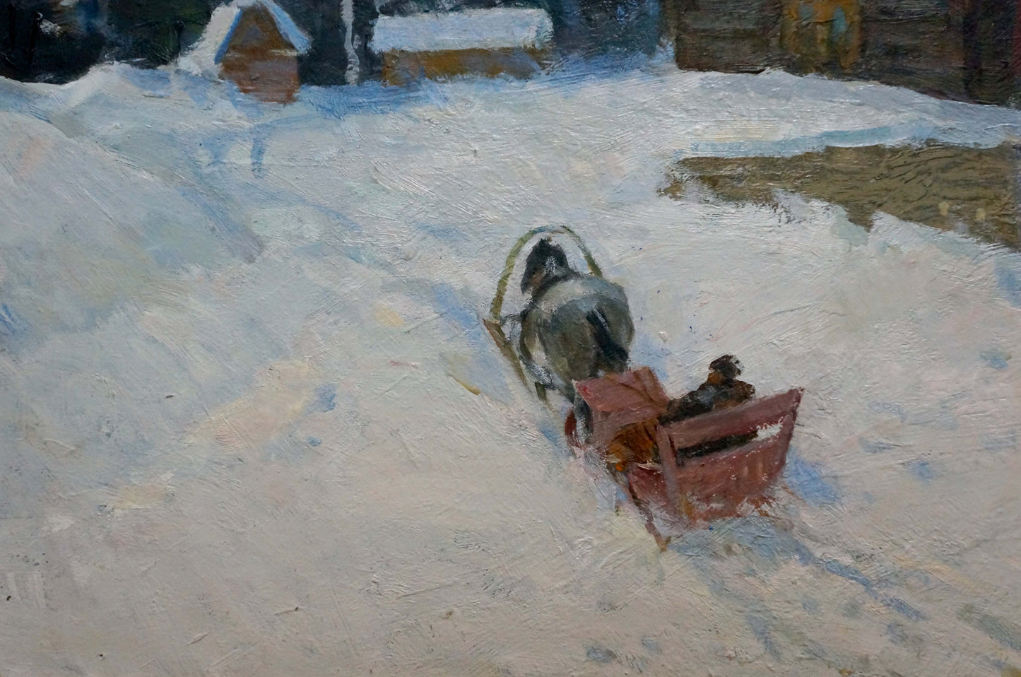 Oil painting by Vasetsky Grigory Stepanovich: rustic red sled pulled by dark horse in deep snow