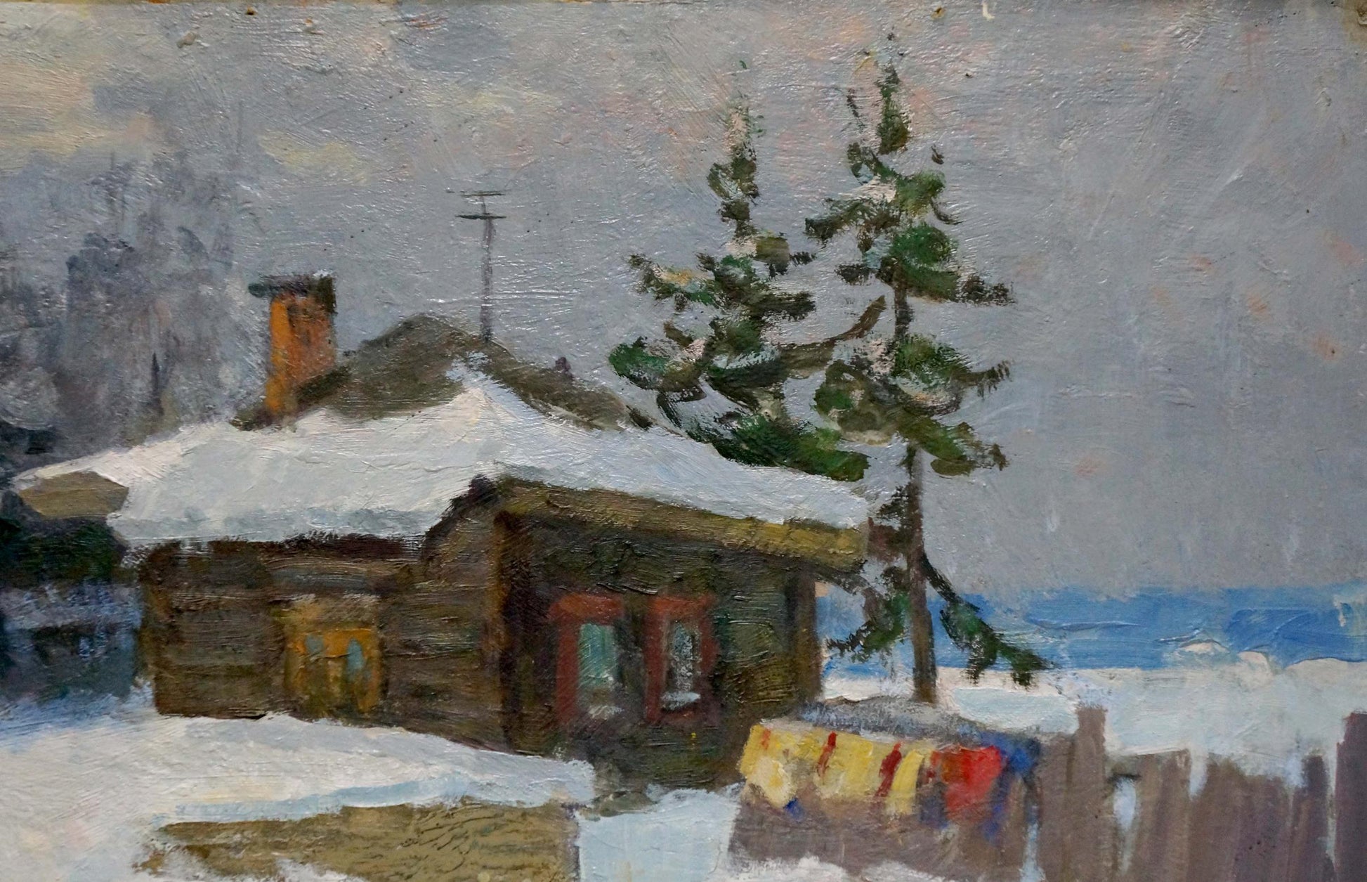 Oil painting by Vasetsky Grigory Stepanovich: rustic snowy cabin by evergreen
