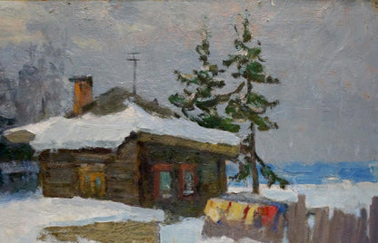 Oil painting by Vasetsky Grigory Stepanovich: rustic snowy cabin by evergreen
