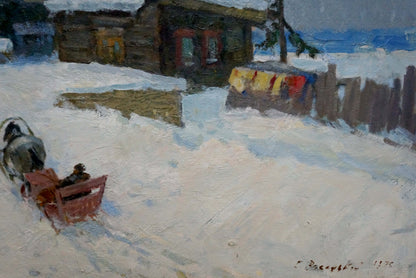 Oil painting by Vasetsky Grigory Stepanovich: red sled pulled by dark horse in deep snow