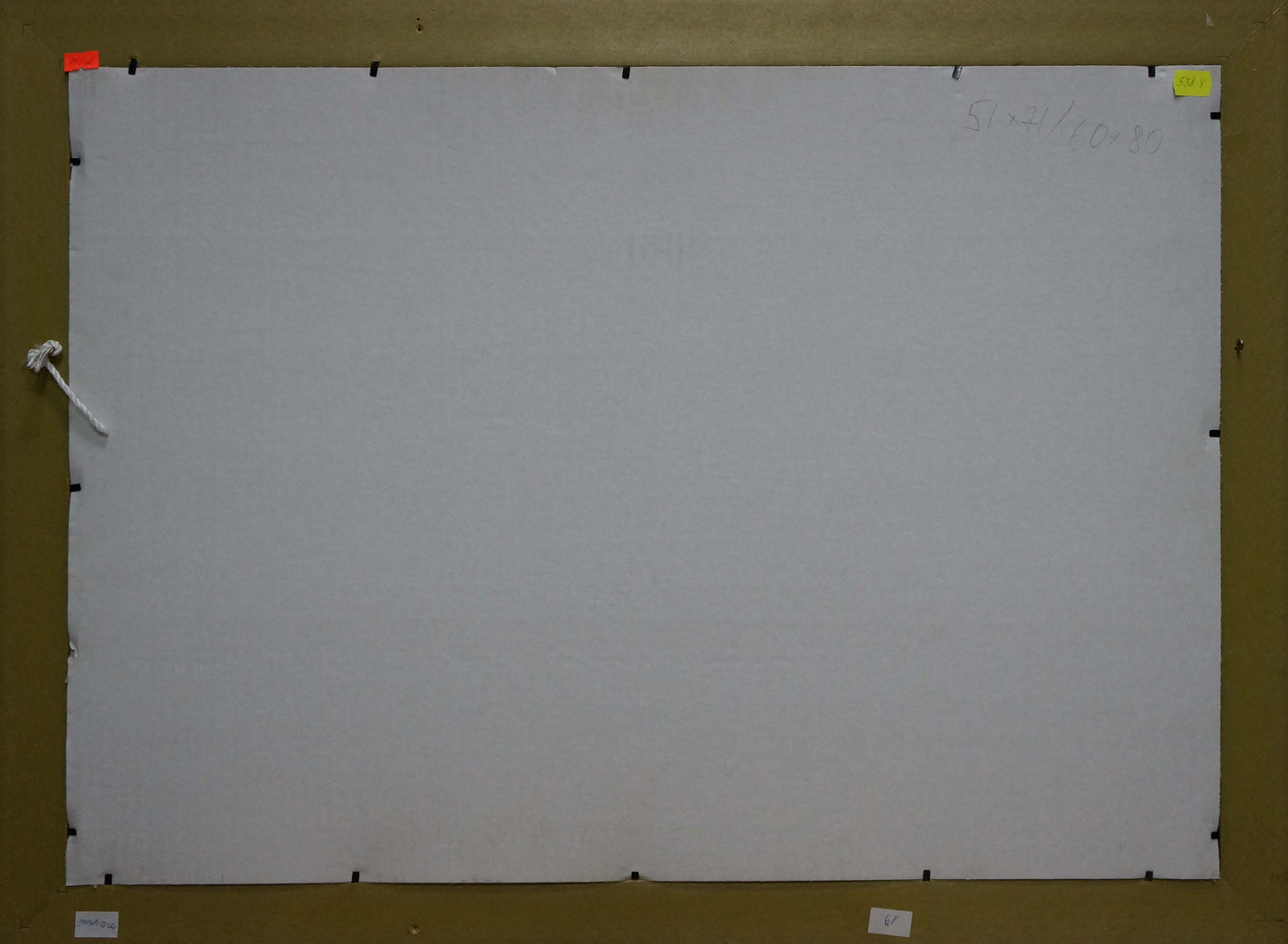Back of Vasetsky Grigory Stepanovich winter landscape oil painting on white dry-erase board with black corner fasteners and sticky notes