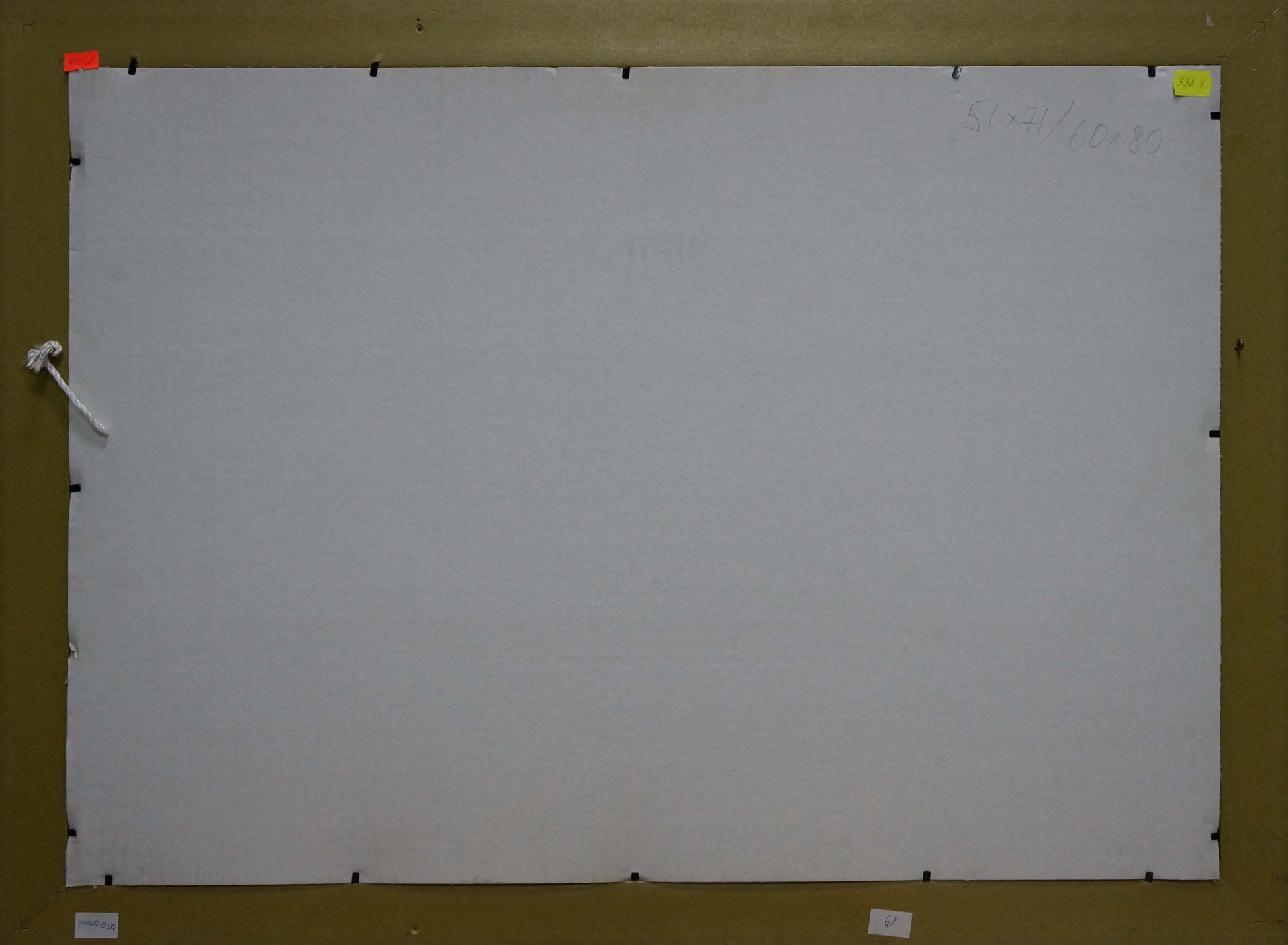 Back of Vasetsky Grigory Stepanovich winter landscape oil painting on white dry-erase board with black corner fasteners and sticky notes