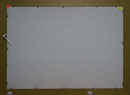 Back of Vasetsky Grigory Stepanovich winter landscape oil painting on white dry-erase board with black corner fasteners and sticky notes