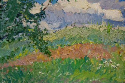Vibrant oil painting of sunlit summer field by Viktor Sevastyanov