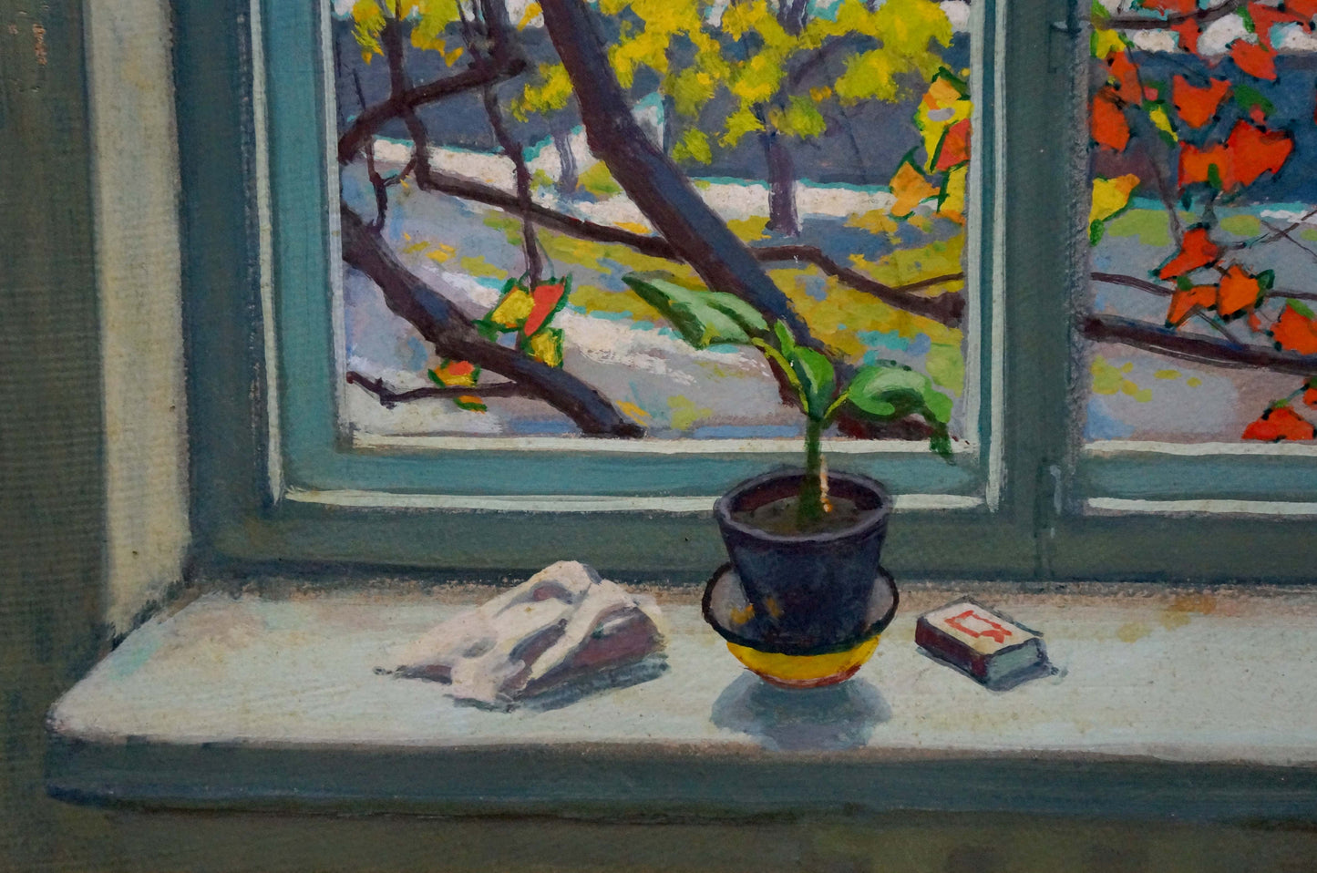 Oil painting View from the window Vlasov Vladimir Grigorievich with potted plant