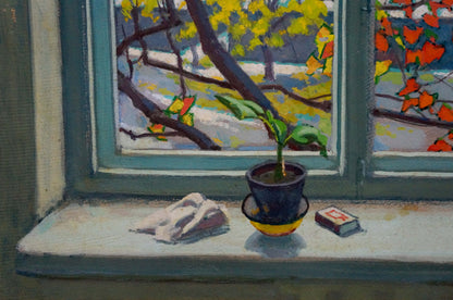 Oil painting View from the window Vlasov Vladimir Grigorievich with potted plant