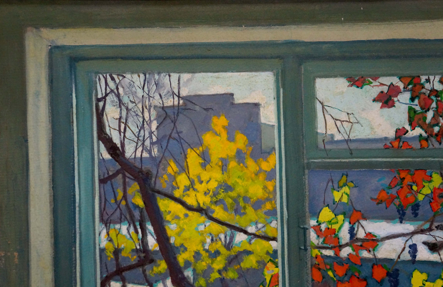 Oil painting View from the window by Vlasov Vladimir Grigorievich: teal frame with autumn foliage