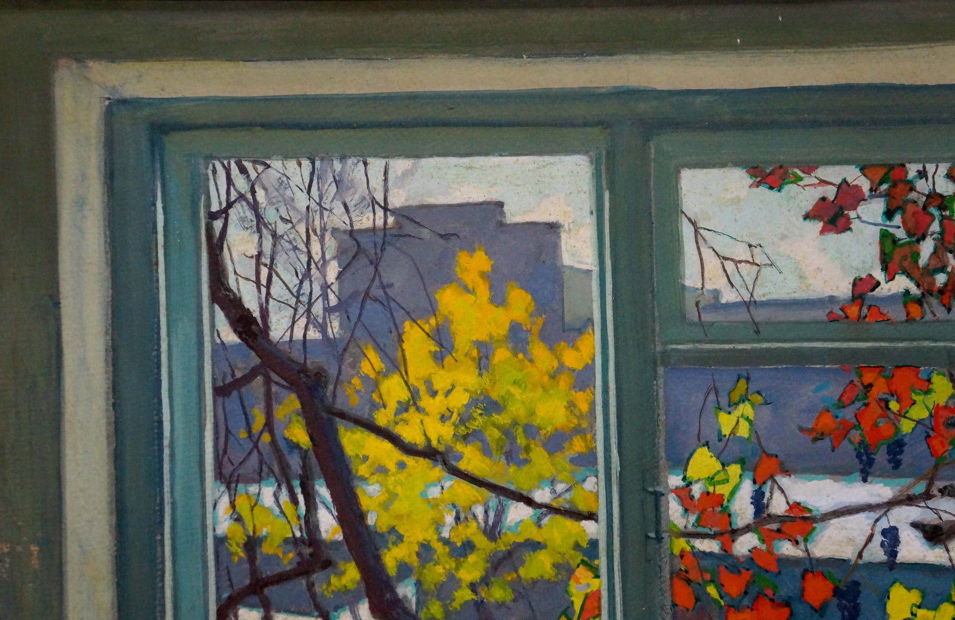 Oil painting View from the window by Vlasov Vladimir Grigorievich: teal frame with autumn foliage