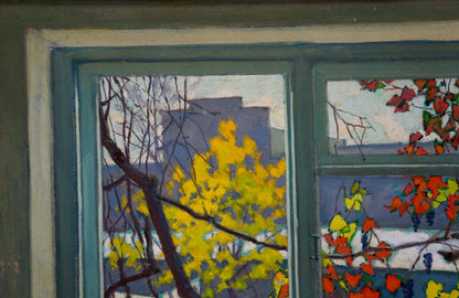 Oil painting View from the window by Vlasov Vladimir Grigorievich: teal frame with autumn foliage