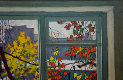 Oil painting View from the window by Vlasov Vladimir Grigorievich, teal frame with autumn foliage