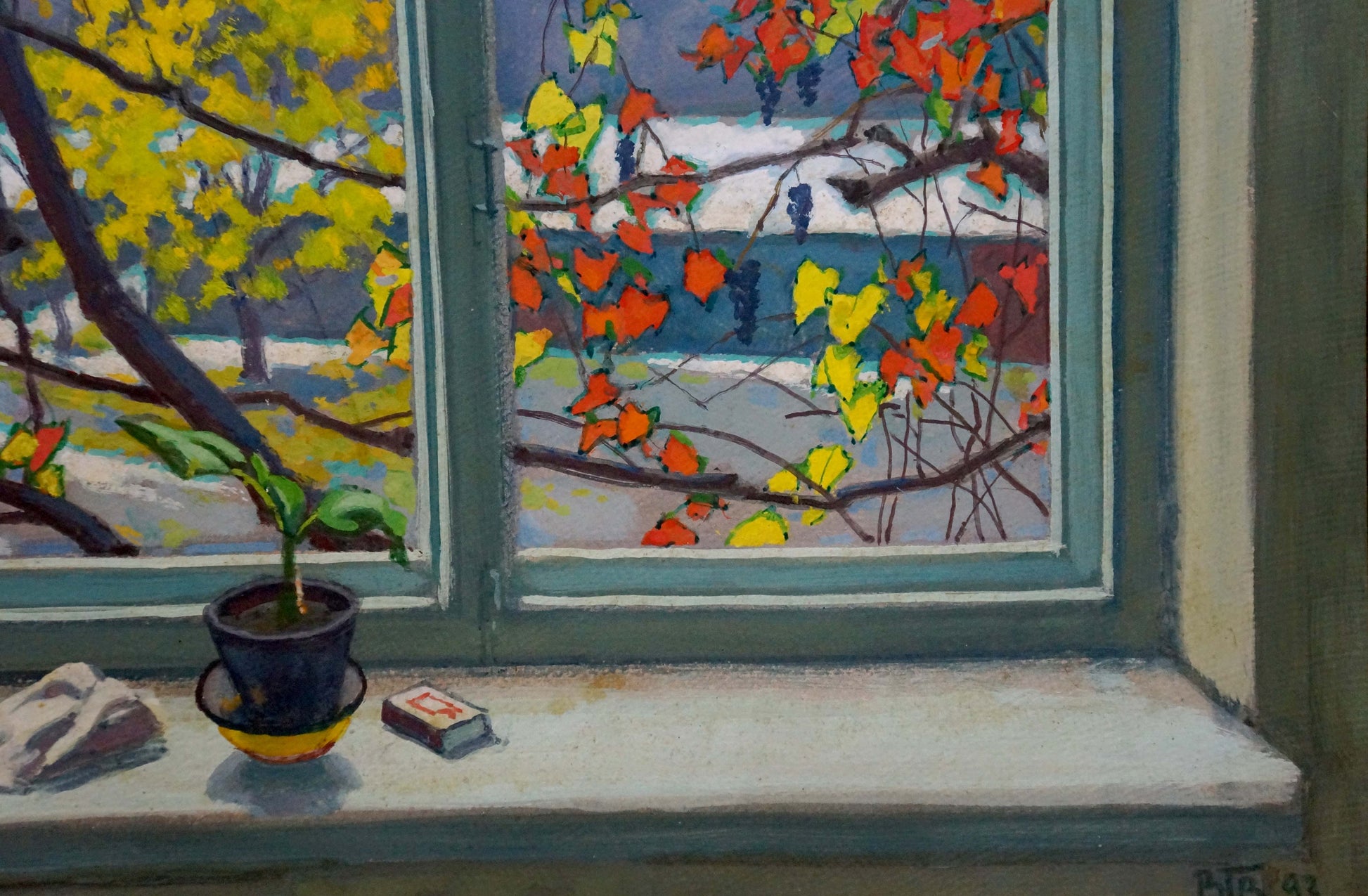 Oil painting View from the window Vlasov Vladimir Grigorievich with potted plant