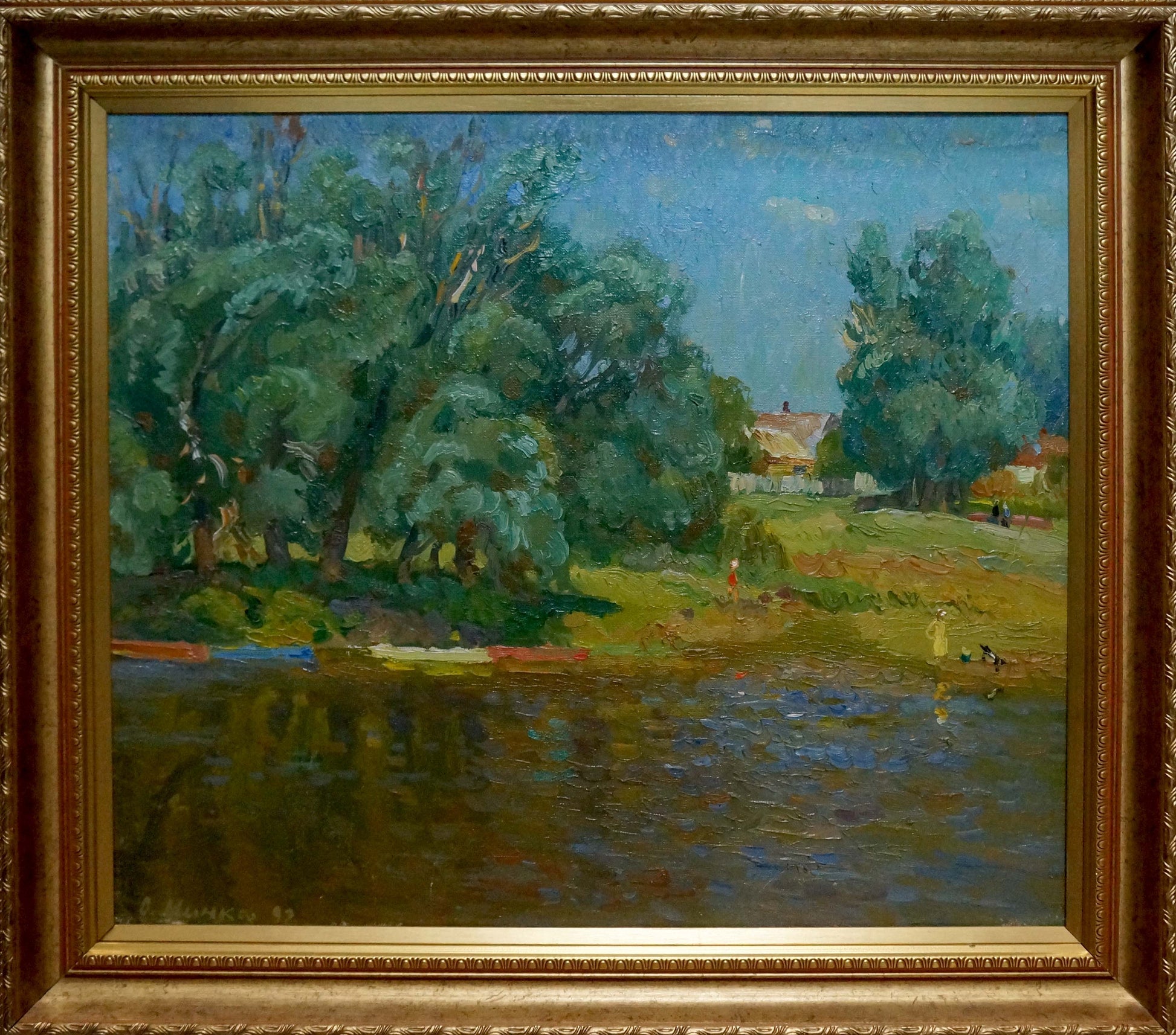 Framed oil painting of serene summer riverside by Mynka Alexander Fedorovich