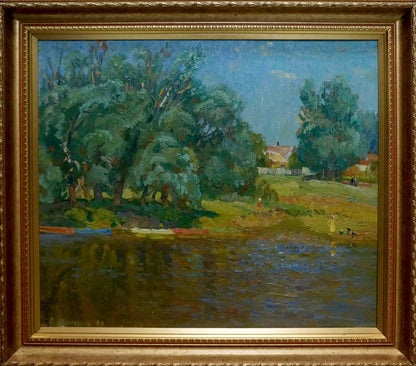 Framed oil painting of serene summer riverside by Mynka Alexander Fedorovich