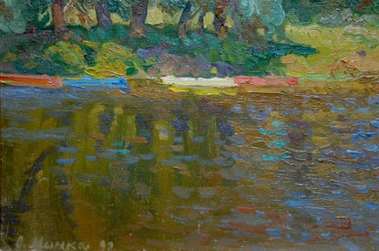 Vibrant impressionist oil painting by Mynka Alexander Fedorovich: summer riverbank landscape