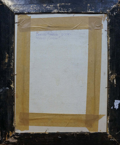 Back of Oil painting Portrait of a Woman by Pavlov Victor Anatolievich, white canvas with handwritten text in weathered black frame