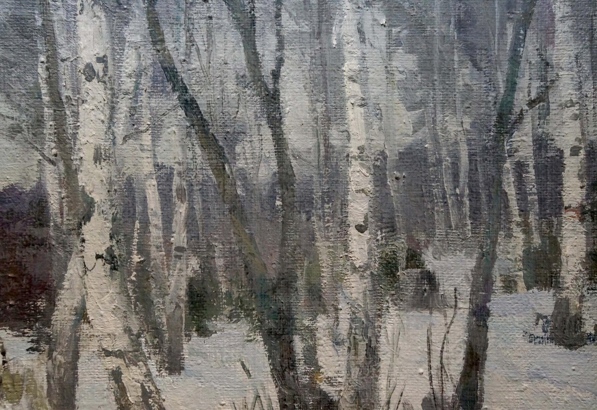 Textured impressionistic oil painting of snowy birch forest by Plamenitsky Anatoly Alexandrovich