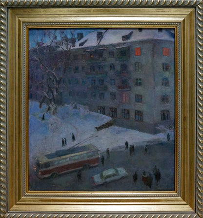 Framed oil painting by Filatova Tanya: snowy city street scene