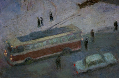 Vintage red cream trolleybus oil painting by Filatova Tanya