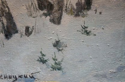 Oil painting of snowy winter forest landscape by Plamenitsky Anatoly Alexandrovich